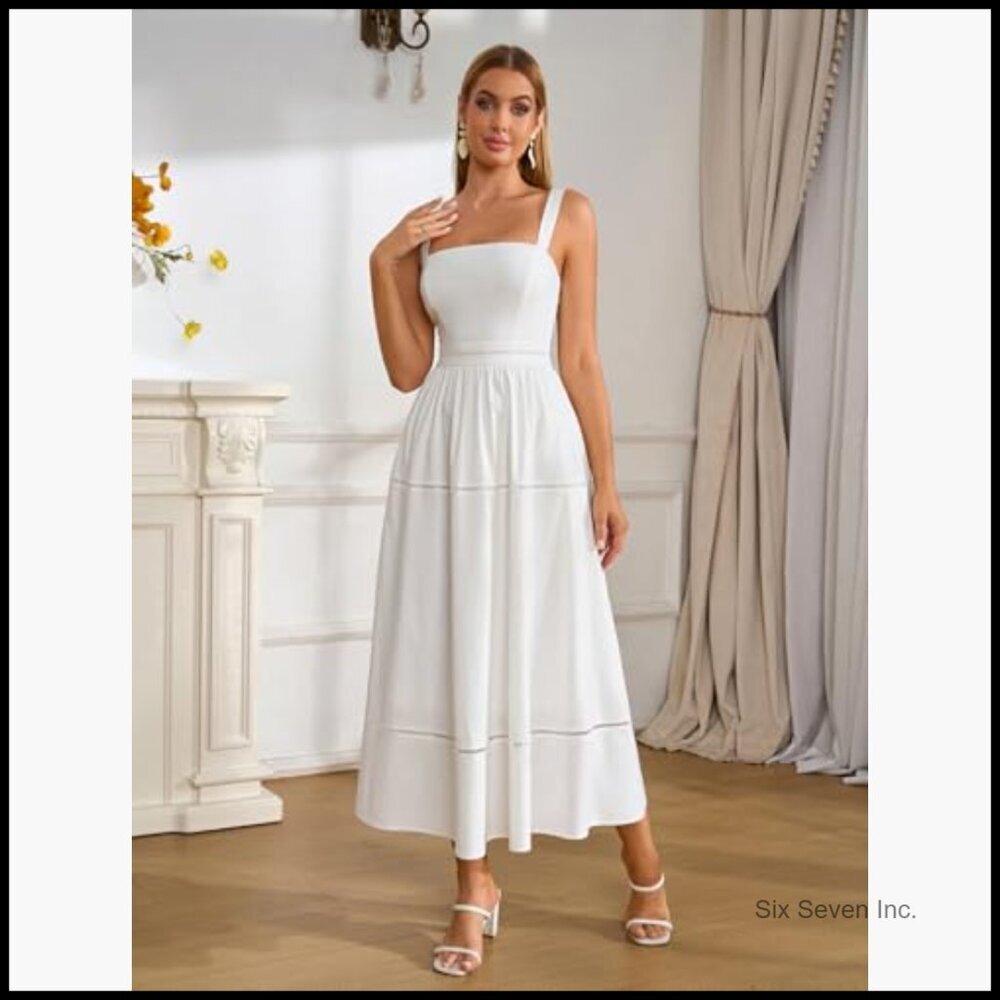Summer Corset Midi Dress Elegant Square Neck Flowy A Line Wedding Guest - Picture 6 of 7